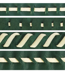 Seamless isolated photo of green leather and suede straps with braided rope inserts or stitching on white background.