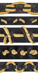 Seamless isolated photo of black leather straps, belts or wristbands with braided rope pattern.