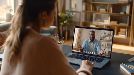 Woman video calls a man at home on her laptop. Suitable for webinars, online meetings, remote work, virtual communication concepts.