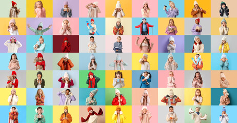 Collage of children in stylish winter outfit on color background