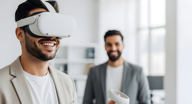 Smiling Man Immersed in Virtual Reality with Modern Headset in Bright Office with Blurry Colleague