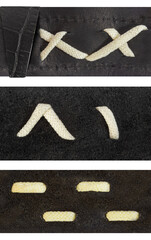 Seamless isolated photo of black and brown leather straps with braided rope inserts.