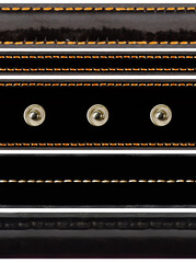 Seamless isolated photo of black polished leather straps with stitches and metal buttons on white background.