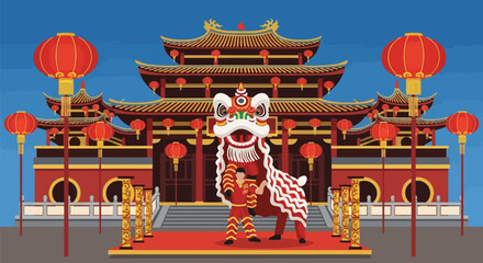 Naklejka premium Chinese lion dance performance in front of traditional temple