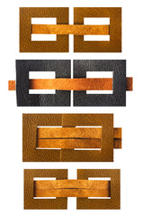 Isolated photo texture of square shaped braided leather armor elements or buckles on white background. Leather weaving ornament.