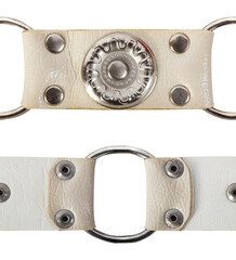 Seamless isolated photo of white leather straps with metal holders and ornate rivets.