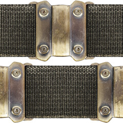Seamless isolated photo of khaki green military cloth belt straps with metal buckles.