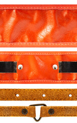Seamless isolated photo of orange and brown leather and suede straps with stitches.