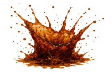 Brown liquid beverage splashing in a crown shape creating dynamic drops, isolated on transparent background