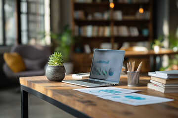 Desk with a laptop, plant, and office supplies. Perfect for digital marketing, business presentations, work from home concepts, and office themed designs.