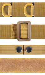 Seamless isolated photo of military khaki olive cloth belt straps with plastic holders and rivets.