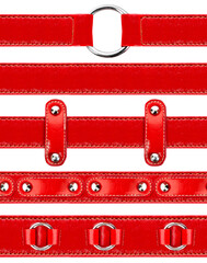 Seamless isolated photo of red leather fetish straps with stitches, rivets, studs and metal elements on white background.