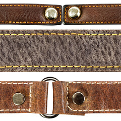 Seamless isolated photo of various brown and gray stitched leather straps with metal rivets.