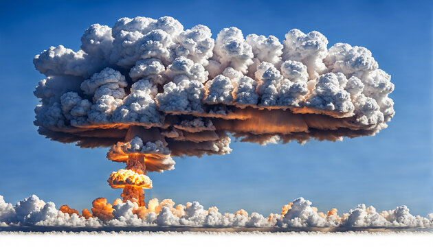 massive nuclear explosion mushroom cloud with a fiery core rising into a blue sky representing war and destruction