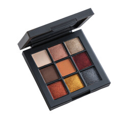 Nine-square eyeshadow palette, dark-colored, open.  Small, square, matte black packaging, with nine visible, color eyeshadows.  