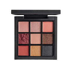 Nine-square eyeshadow palette with matte and shimmer shades.  A dark, matte,  square case holds nine individual eyeshadow squares in varied shades of peach, rose,  bronze, and gold. 