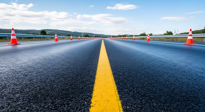 Clear Traffic Cones on Asphalt Road with Yellow Line and Blue Sky