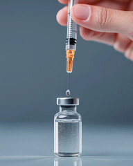 Hand Holding Syringe Above Medical Vial