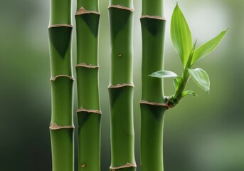 Vibrant green bamboo stalks exhibit new growth against a softly blurred background