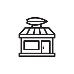 Line art icon of a small surf shop building with a striped awning and a surfboard on the roof, representing a beach business.