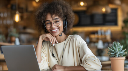 Smiling woman uses a headset with a laptop at a cafe. Suitable for customer service, remote work, technology, and communication concepts.
