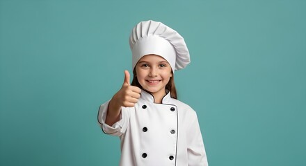 Adorable Young Girl Chef Giving a Thumbs Up Wearing a Chef's Hat and Uniform