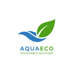 AquaEco Sustainable Solutions Logo with Green Leaf and Blue Wave.