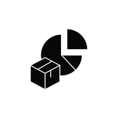 Black silhouette icon depicting a pie chart next to a cardboard box, symbolizing business analytics and product data.