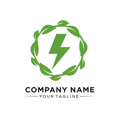Green energy logo with a lightning bolt inside a circular leaf wreath.