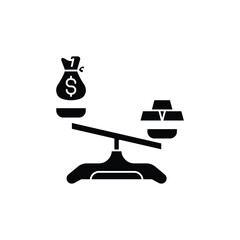 Balance scale comparing money bag and gold bars, symbolizing financial value, investment, or economic concepts.
