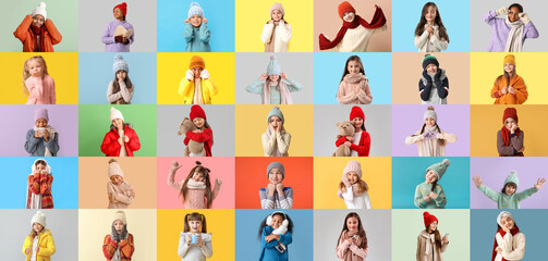 Collection of children in stylish winter outfit on color background