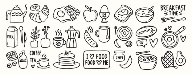 Breakfast doodle set of chalk style food and coffee icons for cafe menu, invitations, Italian brunch, cute croissant, cup, eggs, minimal vector