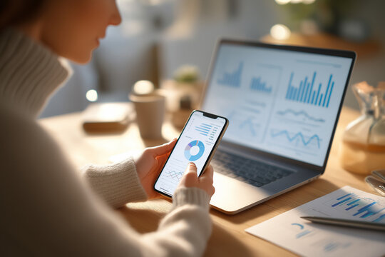 Woman reviewing business data graphs on phone and laptop. Suitable for business presentations, reports, technology related content, finance articles, marketing materials. - Powered by Adobe