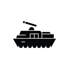 Black silhouette icon of a military tank or armored vehicle with a cannon on a white background.