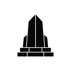 A black silhouette of a stylized monument or modern building with a stepped base, resembling an obelisk or a skyscraper, on a white background.