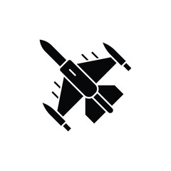 Black silhouette of a fighter jet with missiles, viewed from above, on a white background.