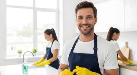 Smiling Cleaner with Team Professional Cleaning Services for Homes and Offices