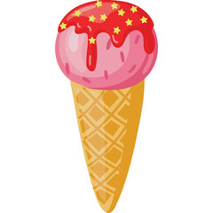 Pink strawberry ice cream cone topped with red syrup and yellow star sprinkles on a white background