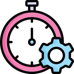 Pink stopwatch with blue cogwheel symbolizing time management and efficiency in a simple graphic illustration