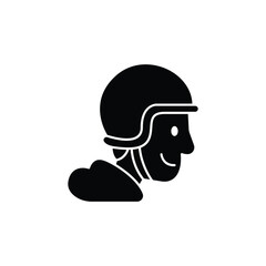 Black silhouette icon of a person wearing a helmet, smiling, in profile view.