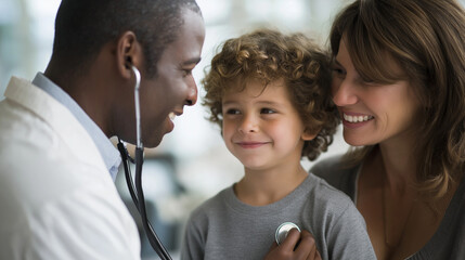 African american doctor examines child with mother present. Suitable for medical, healthcare, doctors office, pediatrician, black family concepts.
