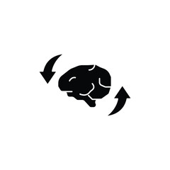 A black silhouette of a human brain with two arrows circling it, symbolizing thought processes and mental activity.