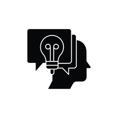 Black icon representing a human head with speech bubbles and a lightbulb, symbolizing idea generation and communication.