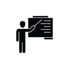 A black silhouette icon of a teacher or presenter pointing at a blackboard or whiteboard with a stick, illustrating education or instruction.