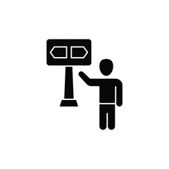 A black silhouette icon depicting a person standing next to a signpost with two directional arrows, symbolizing choice or decision-making.