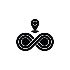 Black infinity symbol with a location pin icon above, representing endless journey or continuous tracking.