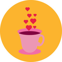 Pink teacup overflowing with bright red hearts and steam rising on a warm orange background...