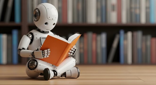 Robot Learning A white robotic figure engrossed in reading an orange covered book