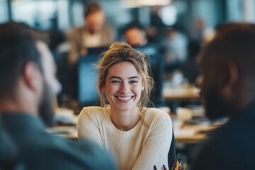 Smiling woman in office surrounded by coworkers, ideal for business presentations, team collaboration concepts, corporate website, and workplace diversity.