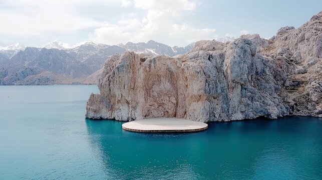 A unique circular wooden platform sits on the vibrant turquoise water, nestled against a dramatic rocky cliff face, with majestic snow-capped mountains looming